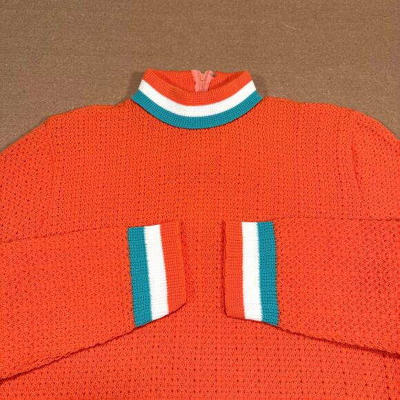 Vintage 70s BodinKnits Orange Knit Sweater Sz 12 Mock Neck Stripe Trim USA - Picture 2 of 8